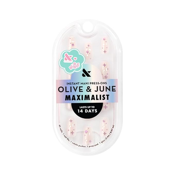 Olive & June Maximalist Instant Mani Press-On Nails (Glue) | 42 Fake Nails, 21 Sizes | Non-Toxic, Long-Lasting Big, Bold Gorgeous Realistic Look | Medium, Coffin | Puffy Sparkles & Pearls