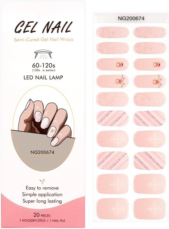 Semi Cured Gel Nail Strips 20 Pcs Christmas Gel Nail Wraps, Stickers, UV Light Required Nail Art Design Decoration Accessories
