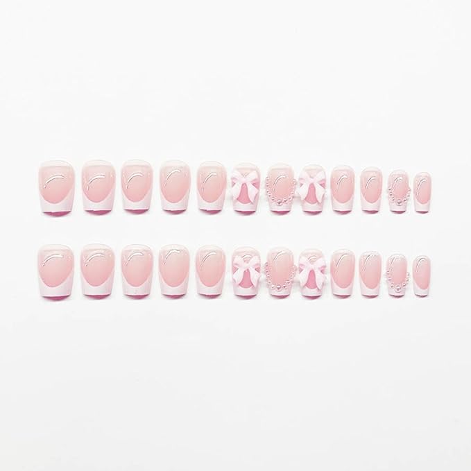 White French tips Press on Nails Short Square Fake Nails with 3D Bow Charms Design Pearl Glue on Nails Glossy False Nail tips Reusable Spring Nails for Women Girls Manicure 24pcs