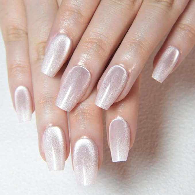 evpct Pearl White Nude Cat Eye Coffin Press on Nails Square Medium, Stick on Nail Medium Square for Women Gift, Pearl Metallic Glitter Glossy Reusable Soft Gel Press on Acrylic Fake Nail with Designs