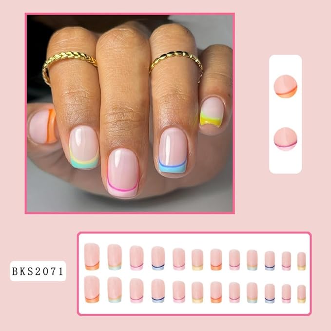Short Press on Nails Square - Colorful French Tip Fake Nails - Cute Full Cover Stick on False Nails - for Women Manicure 24 Pcs