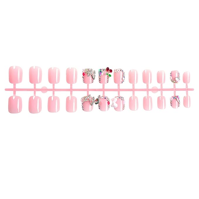 Extra Short Press on Nails Square Fake Nails Pink Full Cover False Nails Press ons with Designs Nails Bow and Cherry Artificial Acrylic Nail for Women Girls 24Pcs Stick on Nail
