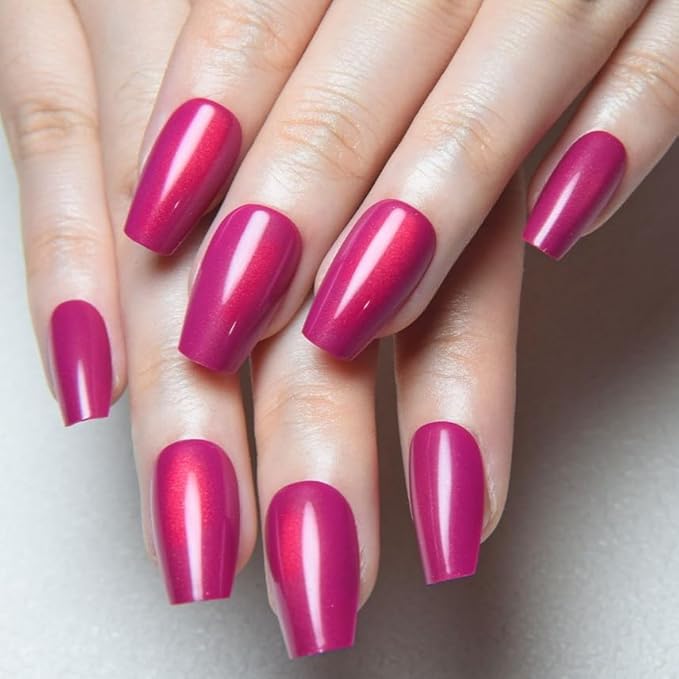 evpct Purple Red Cat Eye Coffin Press on Nails Square Medium, Medium Square Stick on Nail for Women, Purple Red Metallic Glitter Glossy Reusable Summer Soft Gel Press on Acrylic Fake Nail with Designs