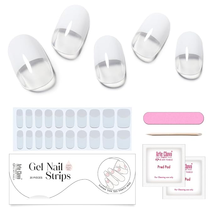 Arte Clavo Semi Cured Gel Nail Strips, 20 Pcs Gel Nail Stickers with UV Light Required, Salon Quality, Long Lasting, Easy Apply and Remove (White French)