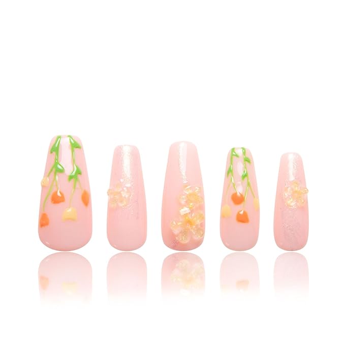 LOVFUL Press on Nails Flower Refresher | Handmade with Full Covered Crystals | Reusable Full Cover Nails | Coffin Classic Regular 1.3 in | H313-L