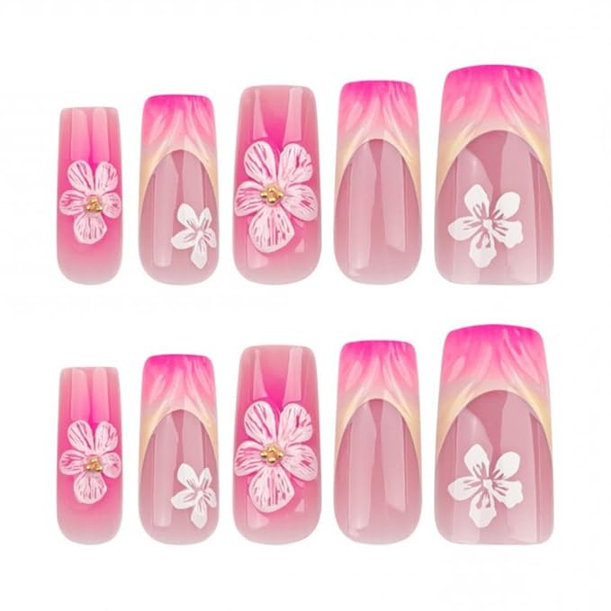 Ombre Pink Orange Press on Nails Medium Square Fake Nails with White Flower Charm Design Yellow Pink French Tips Stick on Nails Handmade Glue on Nails Glossy Summer False Nails for Women 24Pcs