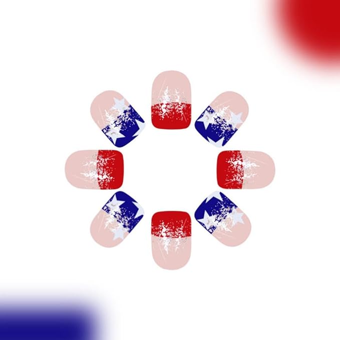 Independence Day Press on Nails Short Square False Nails with Red Blue French Tips Design Glossy Glitter Fake Nails White Star Artificial Nail 4th of July Acrylic Nail for Women Girls Manicure 24Pcs