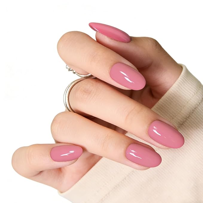 Baby Pink Press on Nails Medium Almond Acrylic Fake Nails, Valentines Solid Color False Nails Set with Varied Sizes for Women Daily Wear