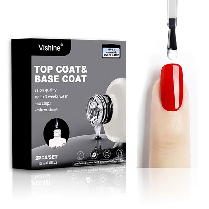 Vishine Long Lasting Soak Off Nail Polish Base + Top Coat Set Gel 15ml