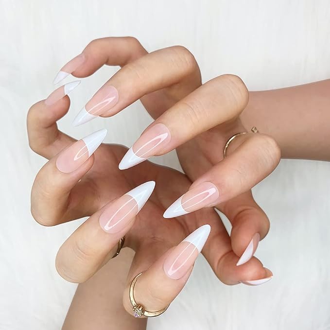 Morily 24pcs Fake Nails Pink White Glossy Medium Long Stiletto Almond Press on Nail False Tips Artificial Finger Manicure for Women (French)