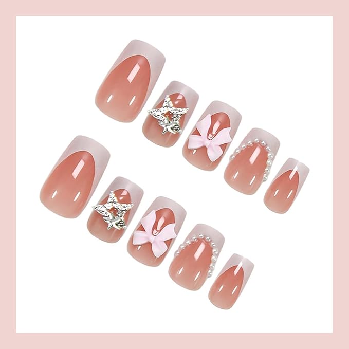 Bow Press on Nails Short Square Fake Nails Cute False Nails Press ons with Bow,Star Design Full Cover Glossy Glue on Nail Stick on Nails for Women Manicure,Reusable | Easy Apply | Acrylic | 24 Pcs