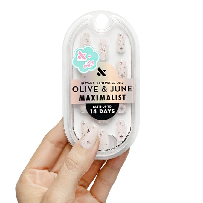 Olive & June Maximalist Instant Mani Press-On Nails (Glue) | 42 Fake Nails, 21 Sizes | Non-Toxic, Long-Lasting Big, Bold Gorgeous Realistic Look | Medium, Coffin | Puffy Sparkles & Pearls