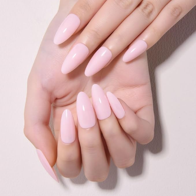 evpct Baby Pink Glossy Press on Nails Medium Almond for Women Gift, Glossy Pink Soft Gel Fake Nail Salon Quality with Nail Kit Set Kit, Full Cover Reusable Stick on Acrylic False Nails Perfectly Fit