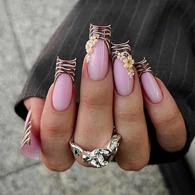 Square Press on Nails Long Brown Stick on Nail Tips Zebra StripeNails Press Ons with 3D Flowers Press on False Nails for Women 24pcs