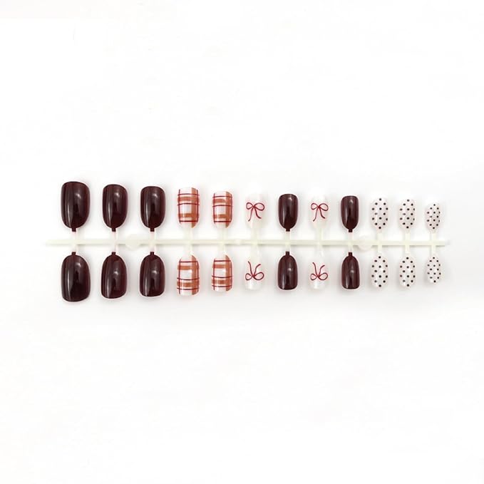 Fall Winter Press on Nails Short Oval Fake Nails Press ons with Plaid,Bow,Polka Dots Design Full Cover Stick on Nails for Women Manicure,Reusable | Artificial | Nail Sticky Tabs | Easy Apply | 24Pcs
