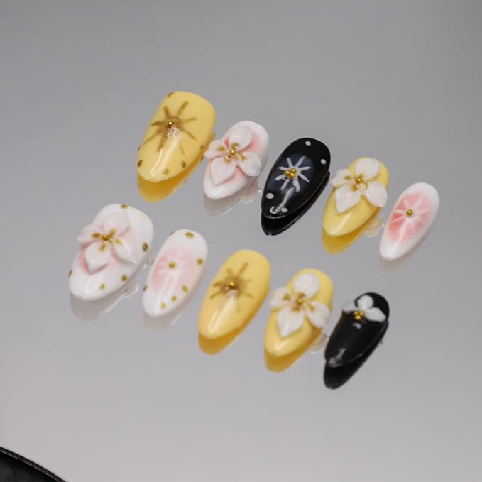 Handmade Almond Acrylic Press-On Nails, 10 Pieces (5 Sizes) with Glue, 3D Flower Art Designs, Gold Glitter Tips, Full Cover, Salon-Quality, Reusable, 24 Pack