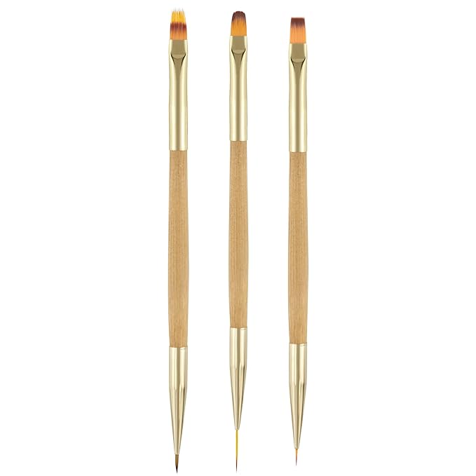 BlingKingdom 3 PCS Nail Brushes Set, Bamboo Double Ended Nail Art Brushes Professional Manicure Tools for Home DIY Salon Use
