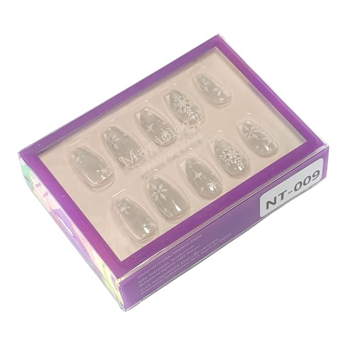 Maniology Press-On Nails Snow Bunny | Short Almond Shape Nail Tips – Snowflakes, Winter-Themed Manicure Designs, Reusable, Durable & Easy Application, 30-Piece 15 Sizes False Nails Kit