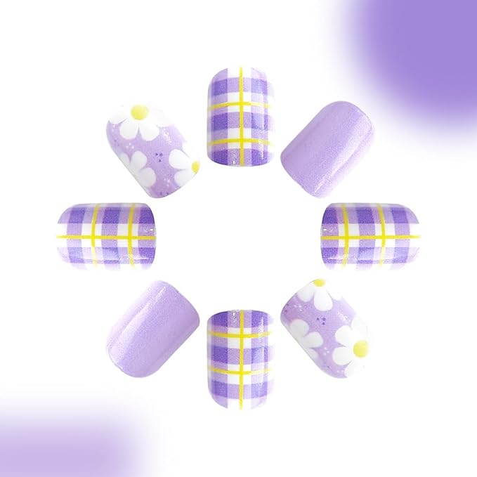 Purple Press on Nails Spring Flower Fake Nails Cute Short Square Nails Press ons with Floral Daisy Plaid Designs Reusable Artificial Nail Full Cover Stick on Nails for Women Manicure 24Pcs