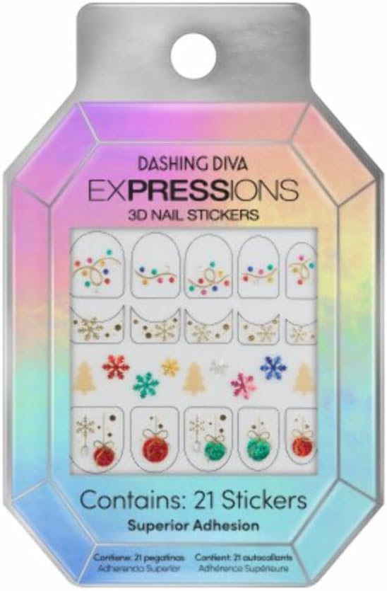 Dashing Diva Expressions 3D Nail Stickers - Holiday Extravaganza | Easy Application | Long-Lasting & Durable | Perfect for DIY Nail Art | Salon-Quality Results at Home