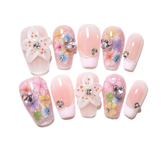 3D Flower & Glitter Accents Rhinestones Nail Decoration Nail Art Design For Holiday 10pcs Short Square Nail Tips False Nails 100% Handmade Press On Nails For Women and Girls (Pink Flower15, M)