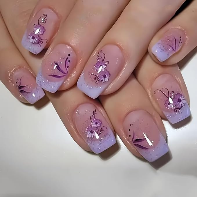 24Pcs Short Square Fake Nails Purple Flower Press on Nails Glitter Designs Valentine Nails Glue on Purple French Tip False Nail Full Cover Gradient Stick on Nail for Women Manicure Kit