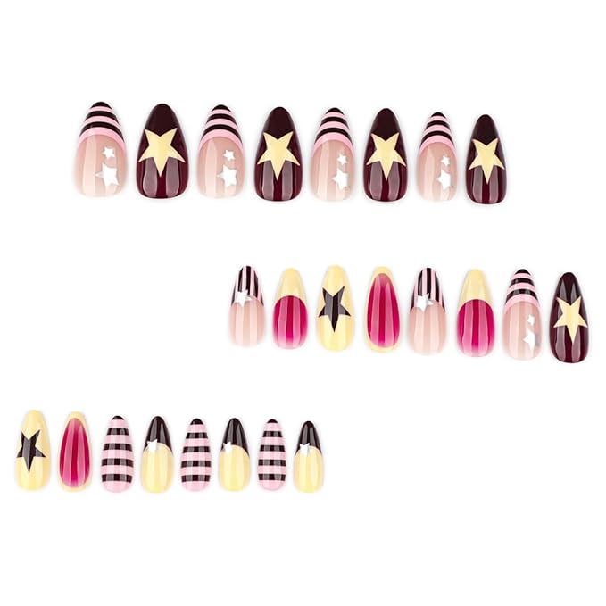 Short Almond Press on Nails - Cute Star False Nails Striped Fake Nails Press ons with Y2K Style Design, Full Cover Glue on Nails for Women Manicure 24Pcs