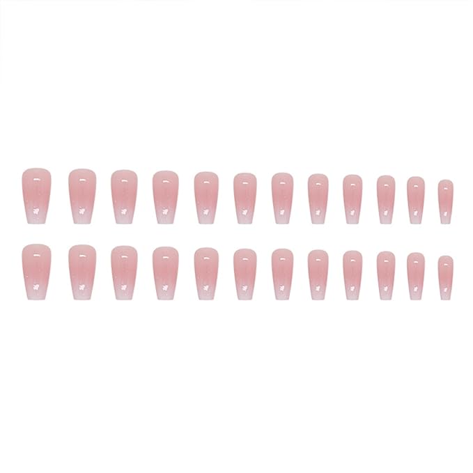 Pink Press on Nails Medium Coffin Fake Nails Gradient Pink False Nails with Design Glitter Glossy Glue on Nails Full Cover Acrylic Stick on Nail Ombre Artificial Nail for Women Manicure 24Pcs