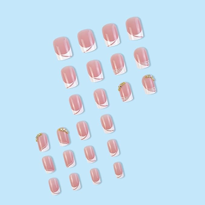 White French Tip Press on Nails - Short Square Fake Nails - Pink False Nails with Rhinestone Stick on - for Women 24 Pcs
