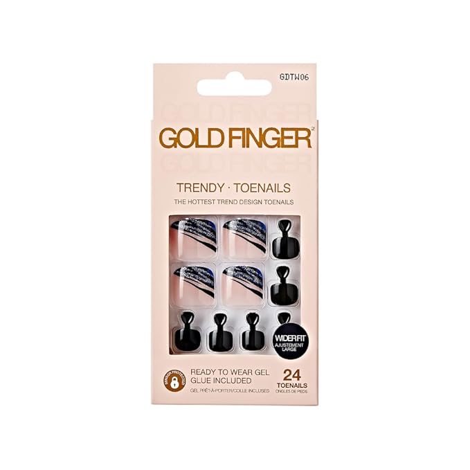 GoldFinger Trendy Press On Fake Toenail Kit Wider Fit, Abstract Sprinkle Print & Elegant Black Color, Ready to Wear Gel & Manicure Stick, Mini Glue included, Long-Lasting Convenient & Easy to Apply