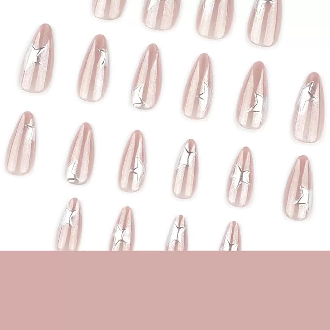Almond Press on Nails Medium - Glitter Fake Nails with Sliver Star Design - Glossy Bling Full Cover Stick on False Nails for Women Manicure 24 Pcs