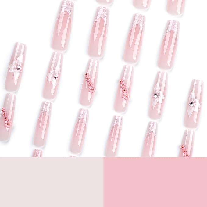 French Tip Press on Nails White Flower Gradient with Sparkling Rhinestones Long Square Glitter Fake Nails Full Cover Luxury Glue on Nails for Women 24PCS