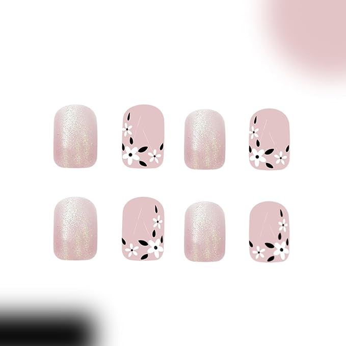 Flower Press on Nails Spring Fake Nails Short Square False Nails Press ons with Floral Designs Pink Acrylic Nails Full Cover Glue on Nails Artificial Stick on Nails for Women Manicure 24Pcs