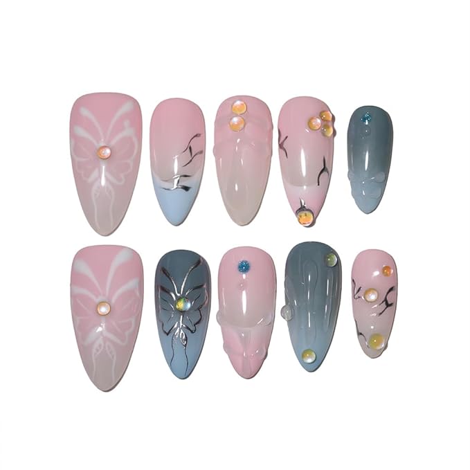 10PCS Luxury Handmade Press On Nails Nude Gradient Cat's Eye with Pearl Bow & Sparkling Rhinestones for Wedding & Party Reusable Almond Fake Nails Design Gift For Women and Girls (L03, M)