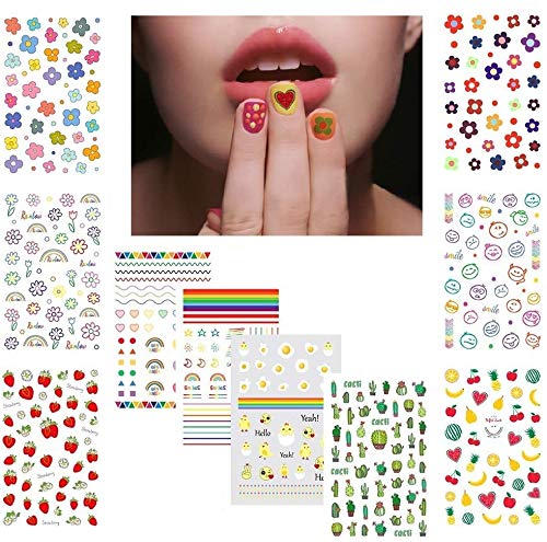 Cute Nail Decals Stickers for Women Girls Kids 200+ PCS, Self Adhesive Nail Tip Manicure Peduicure for Fingernails Toenails Fake Nails, Birthday Party Favors Christmas Stocking Stuffer