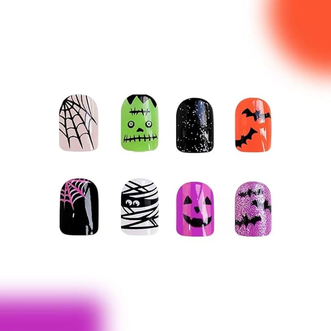 2 Packs 48Pcs Halloween Press on Nails Short Square Fake Nails Ghost Acrylic Nails Pumpkin Bat Designs Glue on Nails Winter Xmas Stick on Nail Kids for Women Girls Manicure Decoration