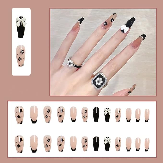 designer artifical nails extension light pink & black combo with silver pearls 3D bow fake nails design 24 pieces set with glue sheet convinent than manicure