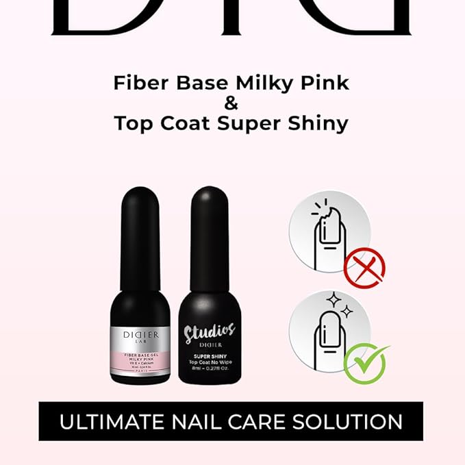 DIDIER LAB Premium Fiber Base and Top Coat Gel Nail Polish - Milky Pink Base Coat Nail Polish and Long Lasting No Wipe Top Coat Clear - LED UV Nails Polish Soak Off Gel Polish Kit 2pcs