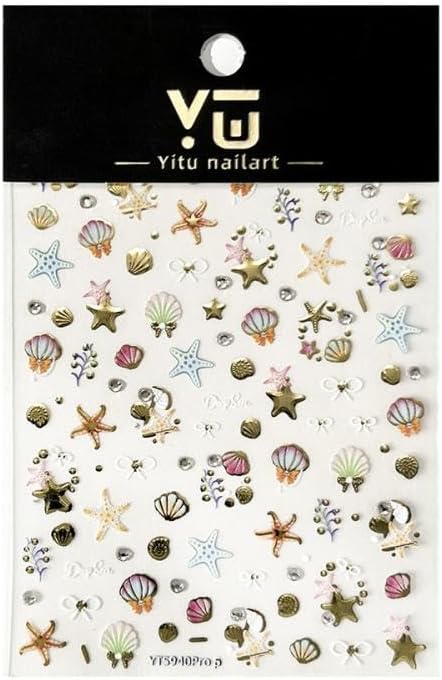 Gold Star Nail Stickers Golden Starfish Nail Supplies 5D Embossed Pearl Shell Nails Designs 3D Self-Adhesive Rhinestone Bow Nail Decals Ocean Nail Art Decoration for Women Girls DIY Manicure 1 Sheet
