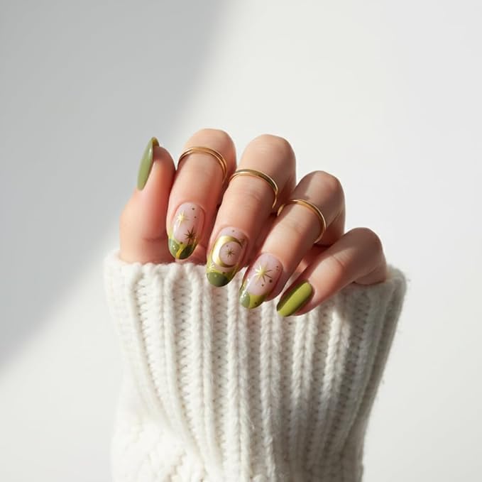 Press on Nails Almond Green Star French Fake Nails French Fake Reusable Nail Kit with Nail Glue Adhesive Tabs Mini Nail File for Women Manicure Art Decoration 24PCS