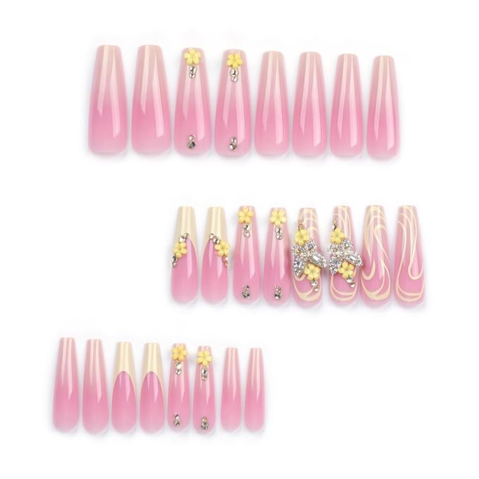 Spring Long Coffin Press on Nails with 3D Butterfly & Flower Design - Pink Ombre Fake Nail Yellow French Tip False Nails Full Cover Glossy Stick on Nails for Women 24PCS