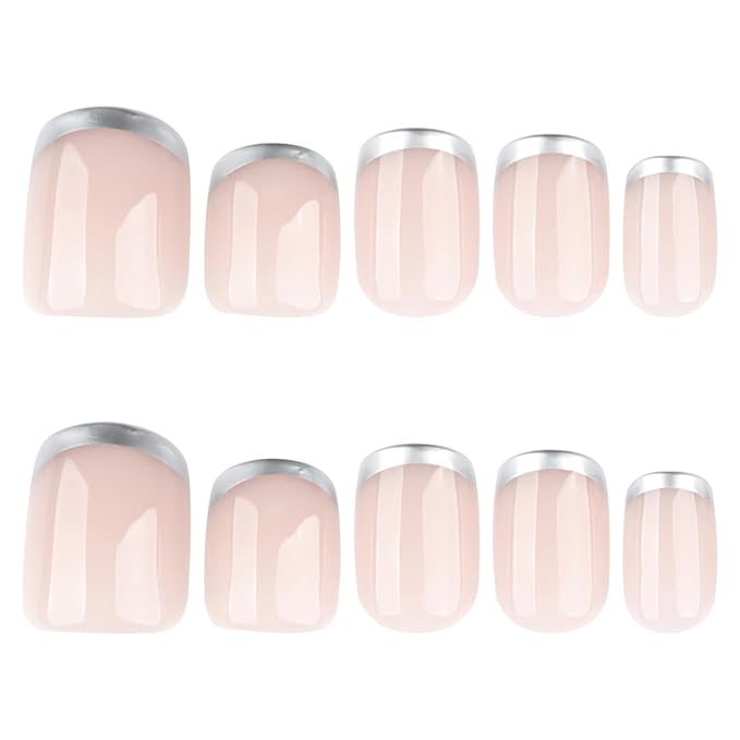 Silver French Tip Press on Nails Short Square Fake Nails French Nails Press ons with Silver Design,Reusable Artificial Nail Glossy Full Cover Glue on Nail Stick on Nails for Women Manicure 24 Pcs