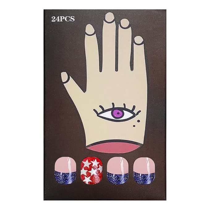 CurvLife Short Press On Nails - Independence Day Design Glossy Acrylic Stick On False Nails for Women