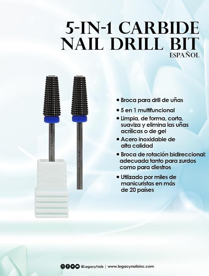 Legacy Nails Professional 5IN1 CARBIDE NAIL DRILL BIT Cleans Shapes Cuts Smoothens and Removes Acrylic or Gel Nails, Stainless-Steel