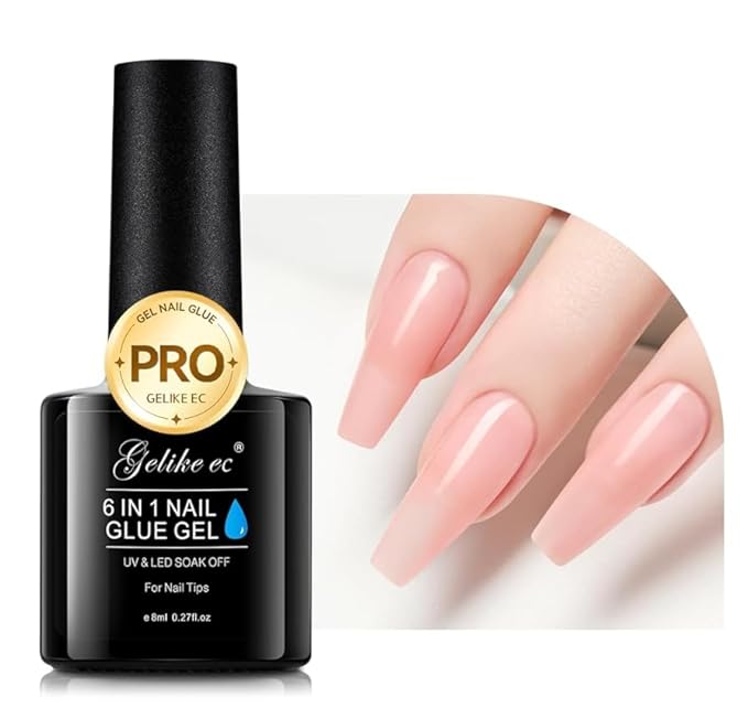 Gelike EC Peachy Jelly Nail Glue Gel - 6 in 1 Extra Strong Clear Acrylic Nails - Long Lasting Extension Adhesive UV Nude Pink Nail Glue for Clear Press On Nail Tips - UV Cure Required