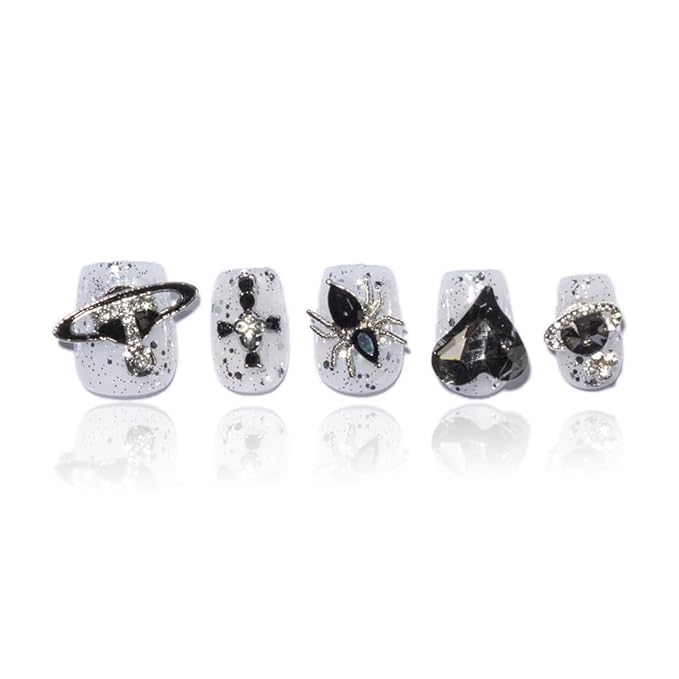 2025 Handmade Nails Reusable Short Press-On Nails with Heart Spider Planet Full Coverage Women's Fake Nail Set (Love Planet, Short)