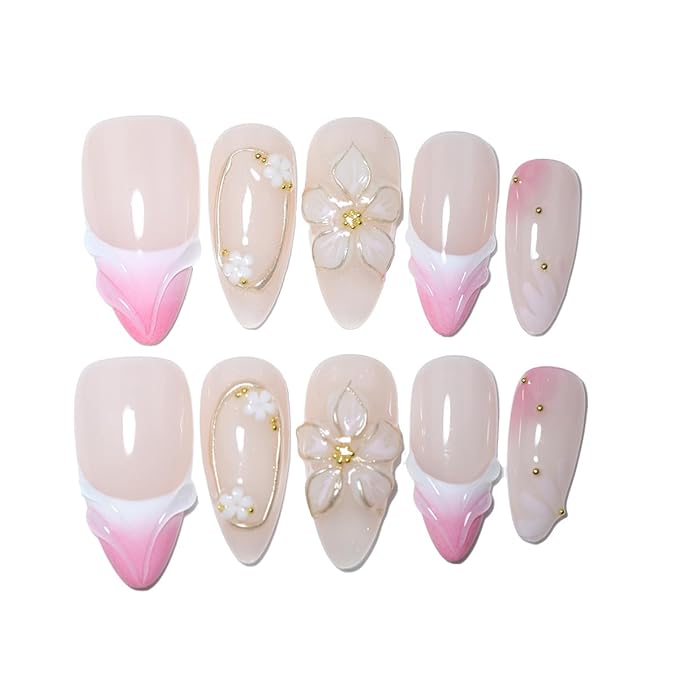 10 Medium Almond Handmade Press On Nails | Romantic Nude Pink Gradient French Tip Fake Nails with 3D Floral, Gold Line & Dot Accents | Easy Apply & Remove, Reusable Salon Quality Nails(5U12, M)
