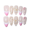 10 Medium Almond Handmade Press On Nails | Romantic Nude Pink Gradient French Tip Fake Nails with 3D Floral, Gold Line & Dot Accents | Easy Apply & Remove, Reusable Salon Quality Nails(5U12, M)