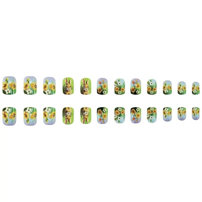 Easter Day Press on Nails - Short Square Fake Nails with Bunny Flower Design - Spring, Green Fasle Nails Press ons - for Women 24 Pcs