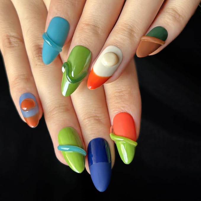 Women Press On Nails - 3D Almond Handmade 10Pcs Unique Fake Nails, Artistic Design, Thick Acrylic and Muti-Layer Gel False Nails (Size S)